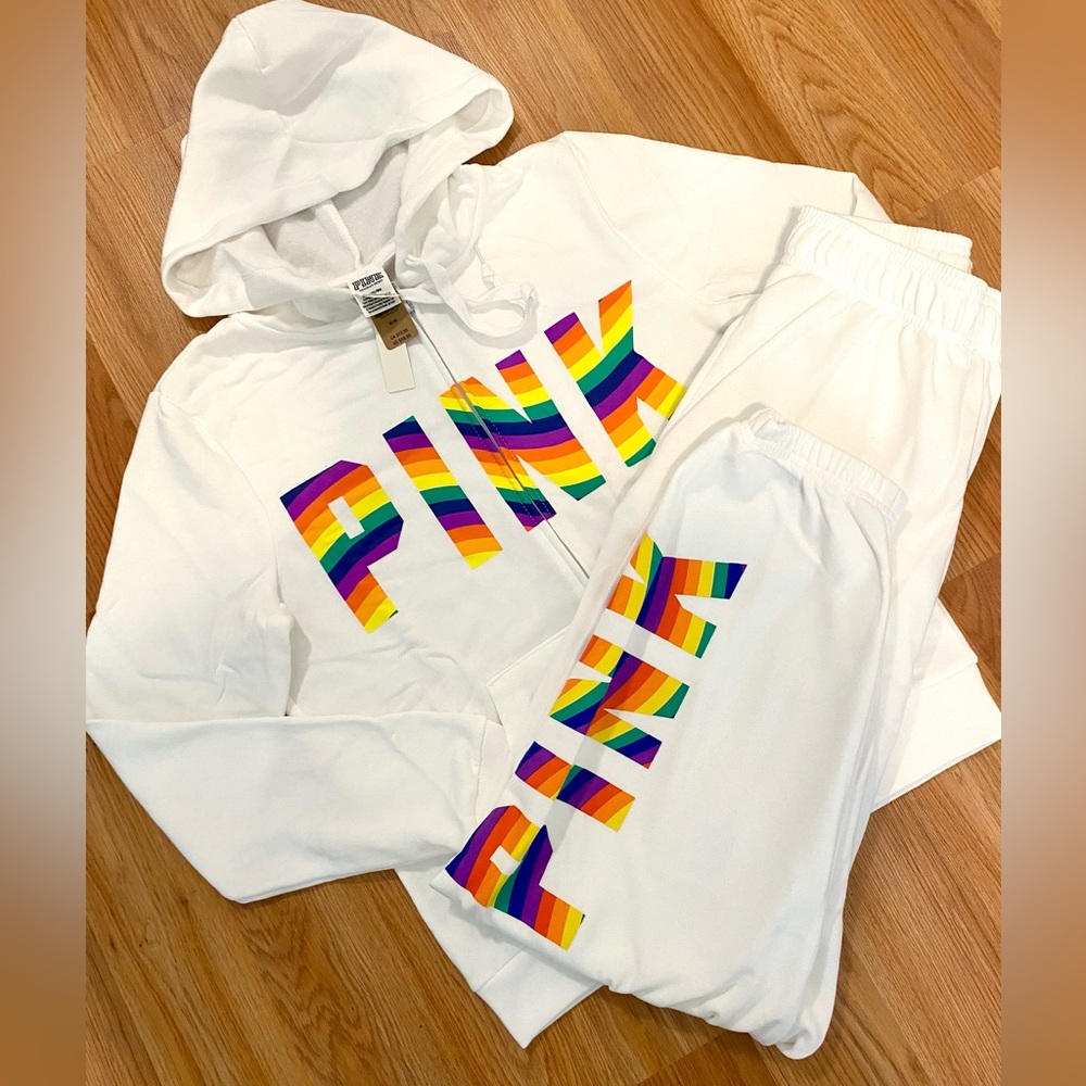🌈NWT VS PINK RAINBOW WHITE MATCHING SET ZIP UP HOODIE / JOGGERS SIZE MEDIUM! HTF - Picture 3 of 16